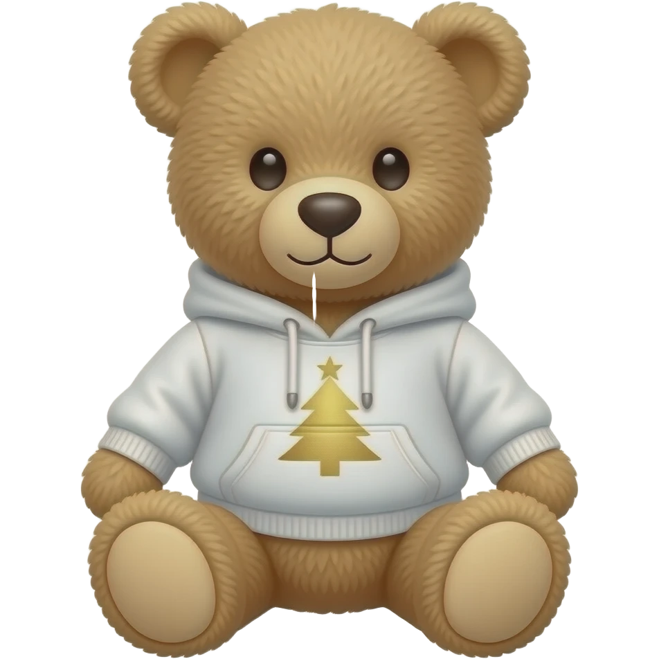 Плюшевый медведь игрушка сидит в бело-золотом зимнем свитшоте emoji
