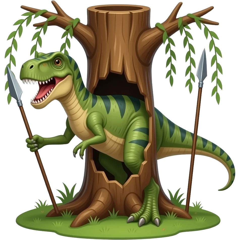 dinosaur sa portiklom i noz u  viljuska sa isplazeni. jezikom emoji