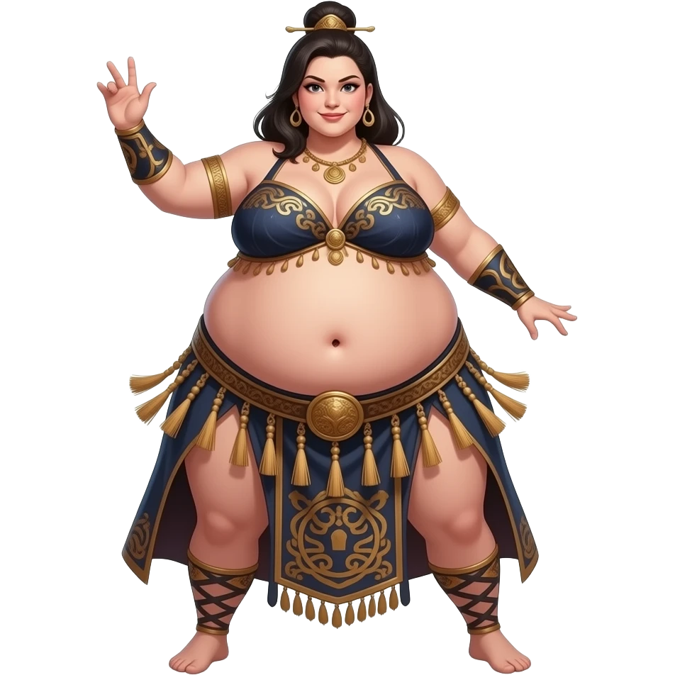 A female sumo warrior belly dancer,with a morbid obese midsection,her bellybutton peeps,her massive belly is bulging from being stuffed to the max after a luncheon buffet,She dances then her bouncy big tummy steals the spotlight. emoji