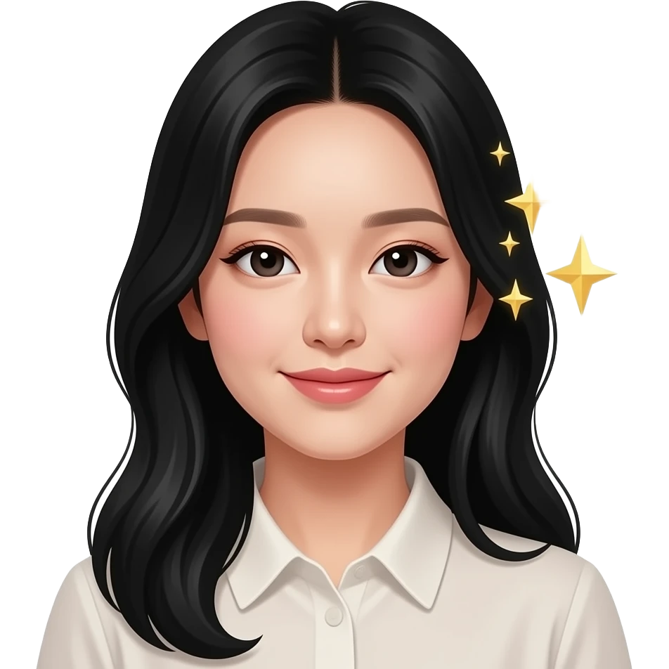피부 좋은 한국 검정머리 검정눈의 여자 얼굴 옆에 반짝거리는 별들이 있다 emoji