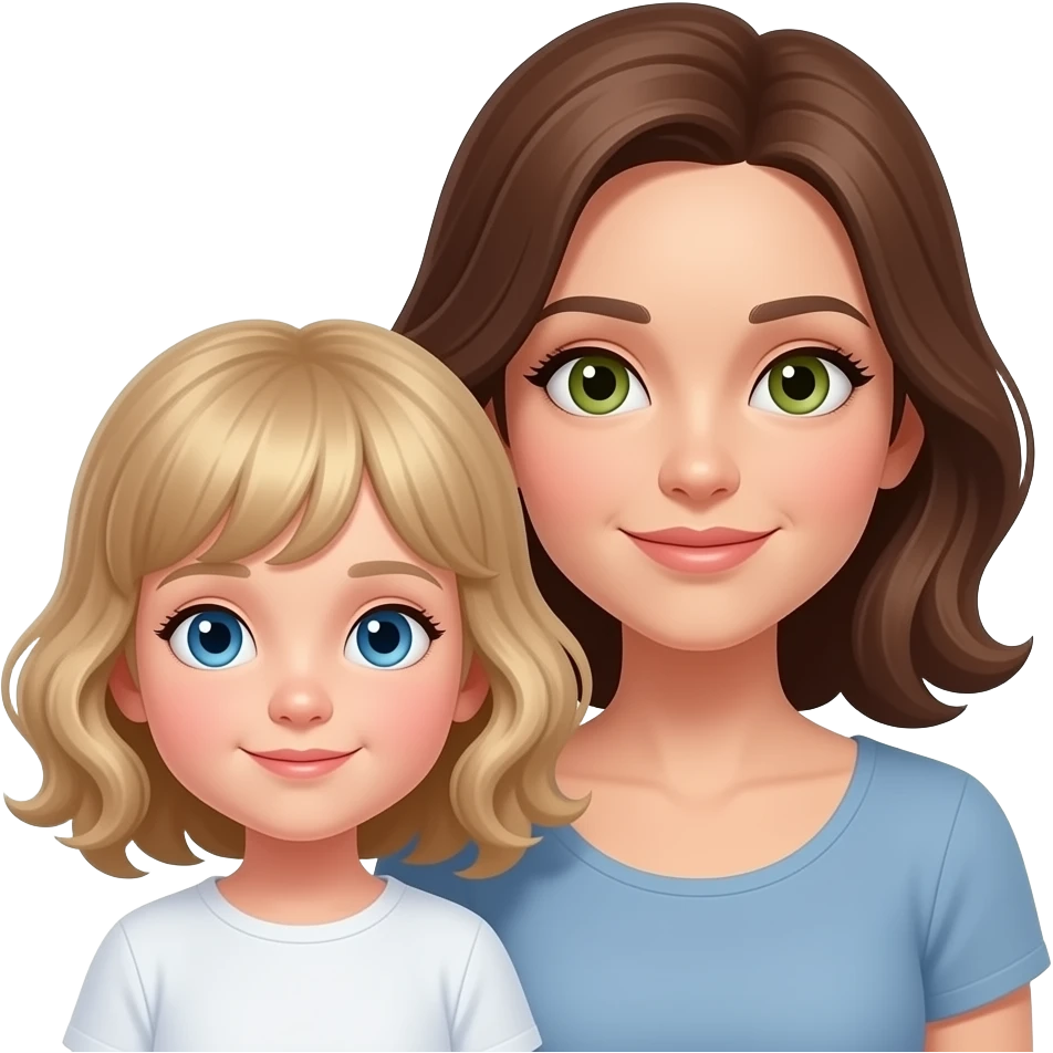 white kid blue eyes mid length hair to shoulders with bangs soft curly hair to shoulders in color: middle to little darker blond. With her mother, a mother white with hazel green eyes and level 7 hair brown emoji