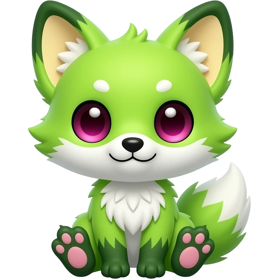 Grassy grass-type-elemental big-eyed Cute chibi kawaii mossy forest Neon-light-lime-green furry fox with white belly and white muzzle, dark-green paws, dark green ears, and magenta eyes, pastel-yellow-beige inside ears-pinna/ear flap, pink paw pads emoji