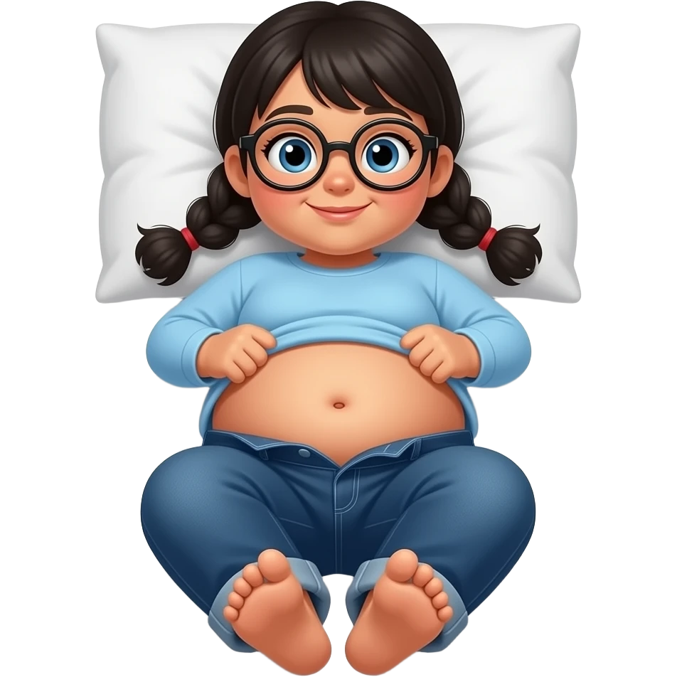 Obese Hispanic little girl with black pigtails and blue eyes rounded black glasses plain light blue long sleeve shirt and dark blue baggy jeans and belly button laying down on her pillow on her bed showing her feet lifting her shirt all the way up with fat belly button emoji