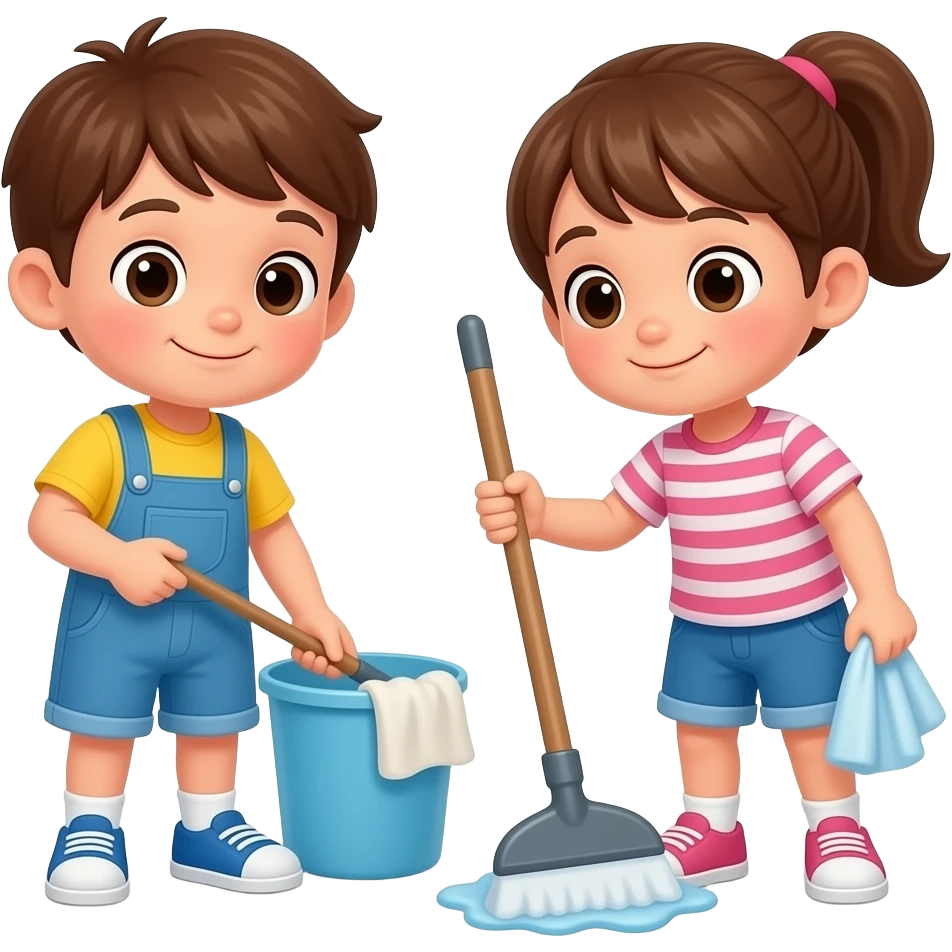 two children, full body, tidying their room emoji