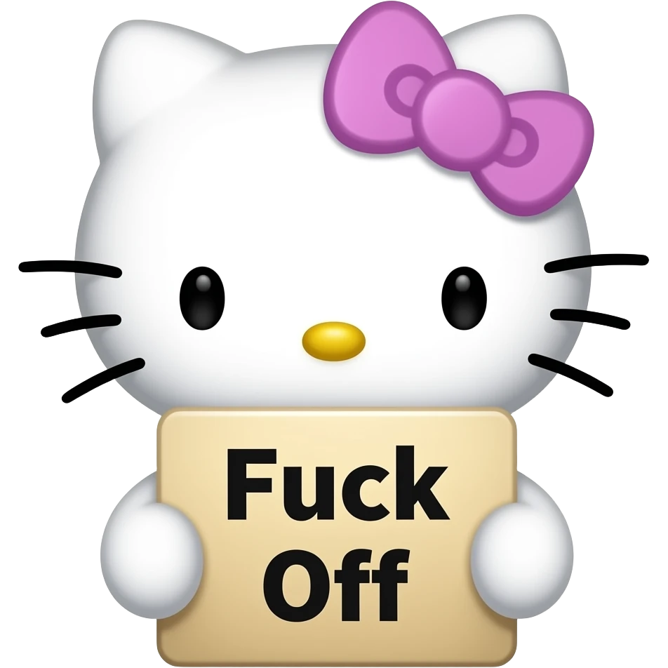 hello Kitty head with purple bow with with front paws holding a sign with the name fuck off emoji