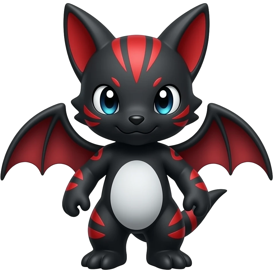 Cute cool black red white animal-Digimon-Fakémon-hybrid full body, detailed emoji