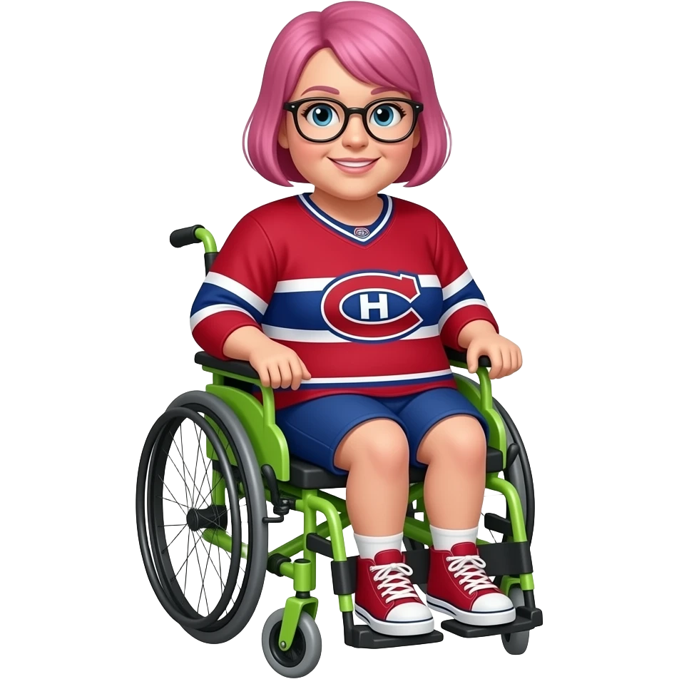 fat woman with short pink hair and eye glasses canadiens jersey lime green electric wheelchair emoji