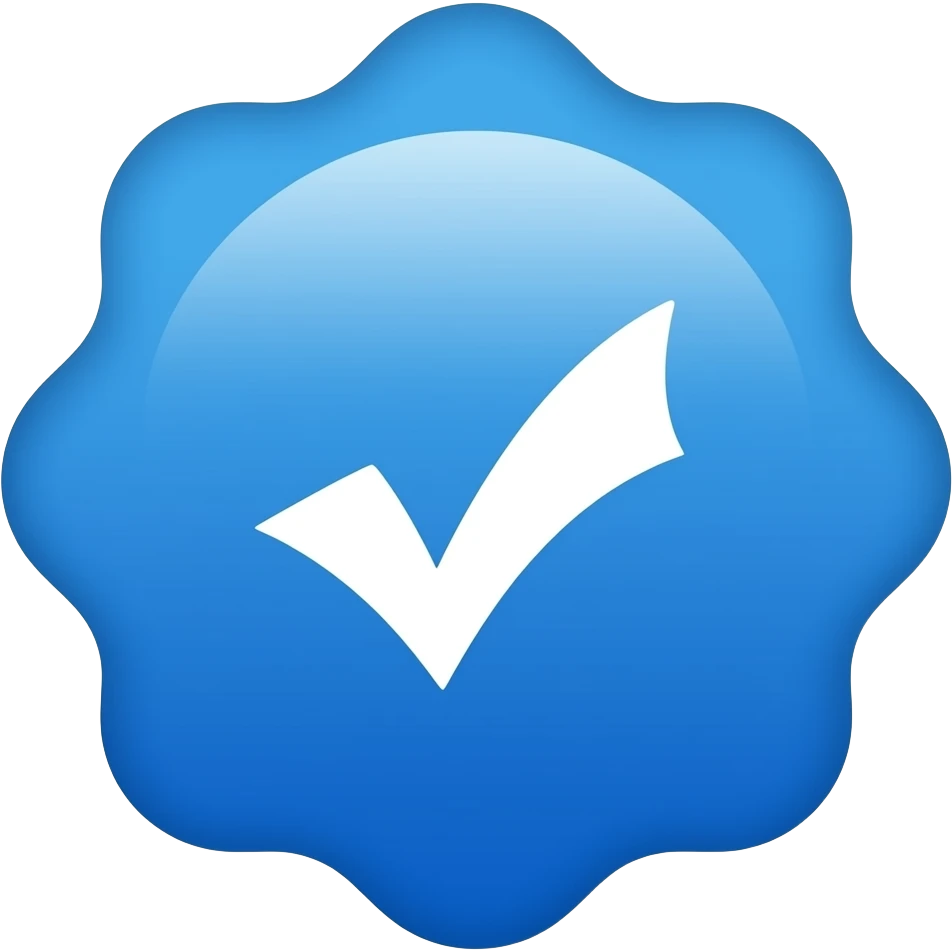 Vibrant blue scalloped badge icon featuring a thick, white rounded checkmark in the center, set against a clean, flat, minimalist background for a professional look. emoji
