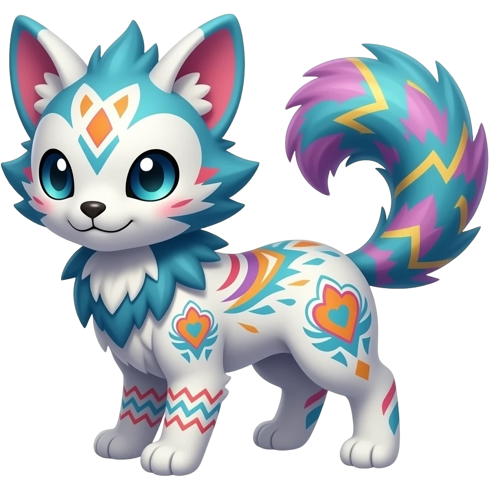 Colorful unique fantasy original shiny smooth soft flurry edgy cool Civet-Absol-Sprigatito-Vaporeon-Fakémon-hybrid with tribal chevron heart floral lightning bolt strikes damask paisley markings emoji