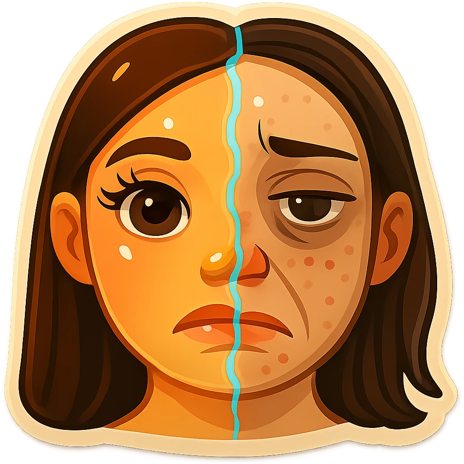 Transform the split-face image so both sides look less realistic and more like expressive emoji faces. The left half should be a flawless, glowing, influencer-style emoji face with oversized eyes and plump lips. The right half should be a tired, unfiltered emoji face with dark circles, blemishes, and a frown. Keep the glitch effect down the middle like a cracked mirror. emoji