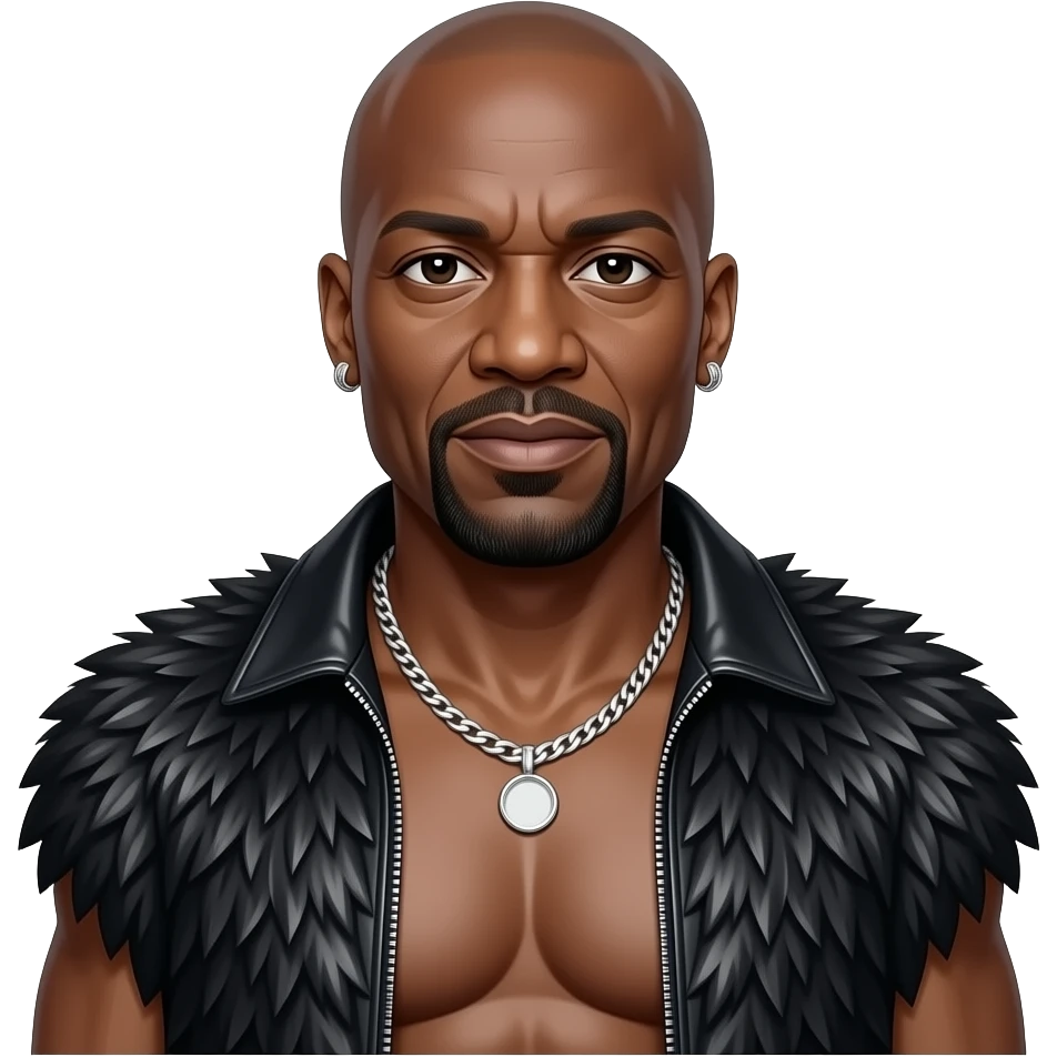Terry Crews with dark brown eyes, bald head, black fur shawl, black metallic baggy pants, shirtless with necklace and earrings emoji