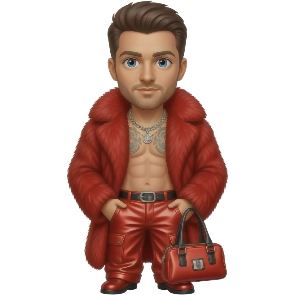 Robin Thicke with blue eyes, dark brown hair, crimson fur coat, crimson metallic baggy pants, shirtless with necklace emoji