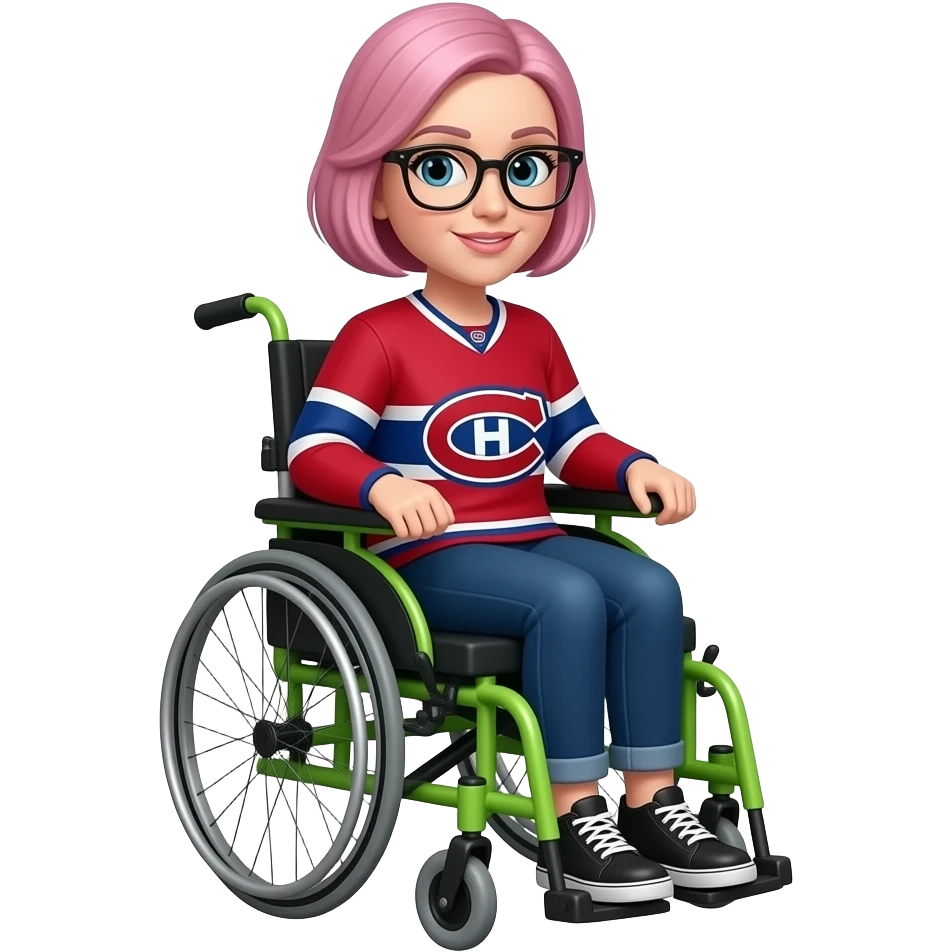 woman with short pink hair and eye glasses canadiens jersey lime green electric wheelchair emoji