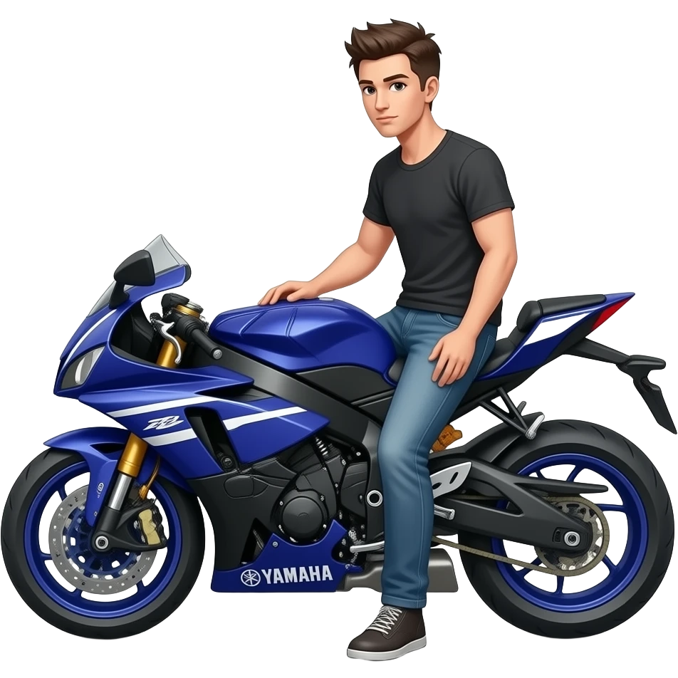 Uma Yamaha r6 com um boneco do sexo masculino com cabelo curto e espetado sentado a  levantar a roda da frente emoji