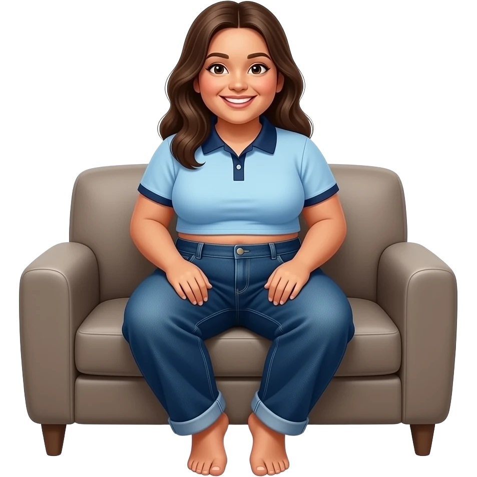 Obese Hispanic girl with brown hair and light blue and dark blue cropped polo and dark blue baggy jeans sitting down showing her feet emoji