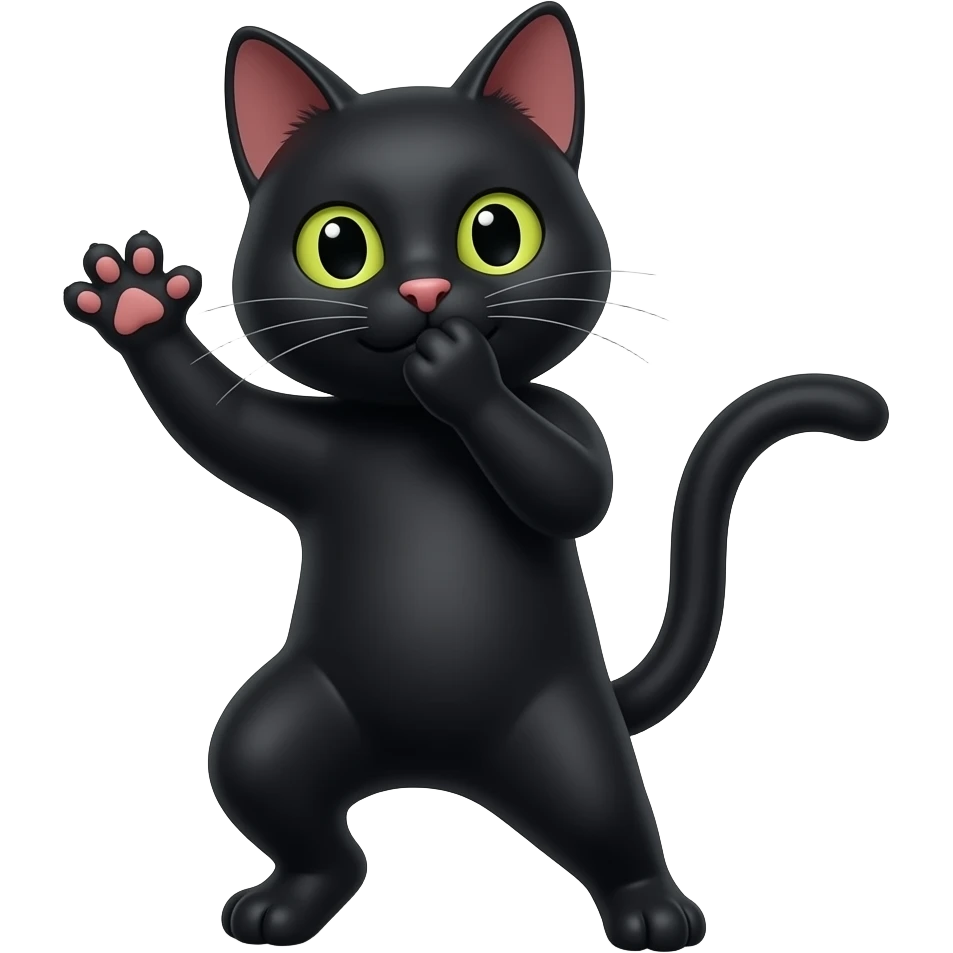 A black cat which is dancing like with its one paw closing her mouth and with other paw waving emoji