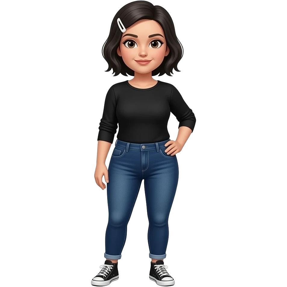 White American woman with a black long sleeve shirt, dark blue skinny jeans, black short hair with a white clip on the left of her hair, a little bit chubby, and black and white sneakers emoji