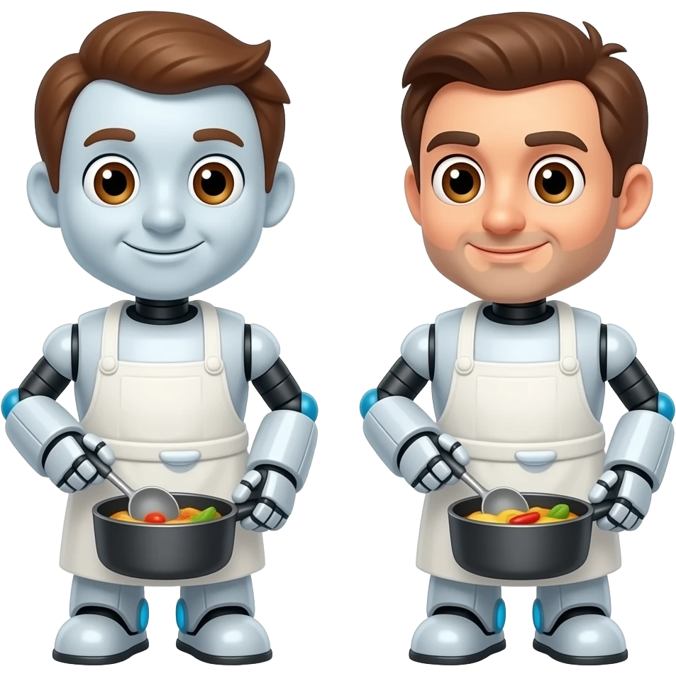 pair of funny friendly looking robots cooking, their faces look like 2 different humans (white dudes in their 40s, no beard, brown hair, brown eyes) emoji