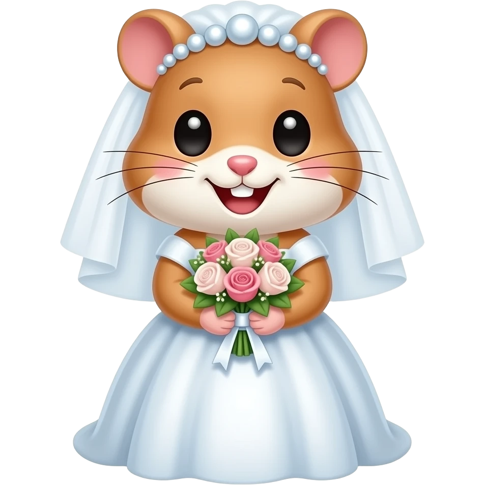부케를 들고 활짝 웃는 귀엽고 예쁘고 깜찍한 갈색 햄스터 신부. emoji