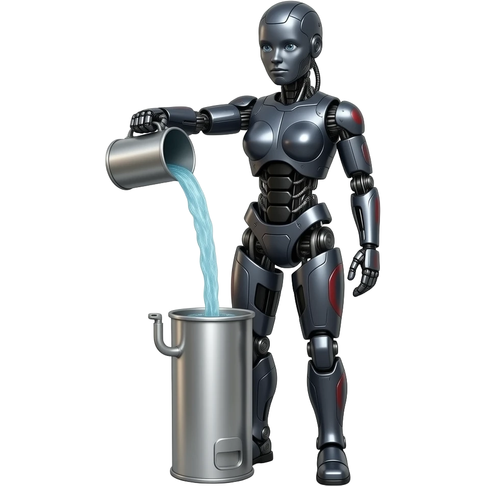 full body, full length body,  Entire body, Mechanical female robot made of dark gray metal with black and red markings Pouring water from a steel container, full length body, no human features, robot face, robot head, full body from head to toe emoji