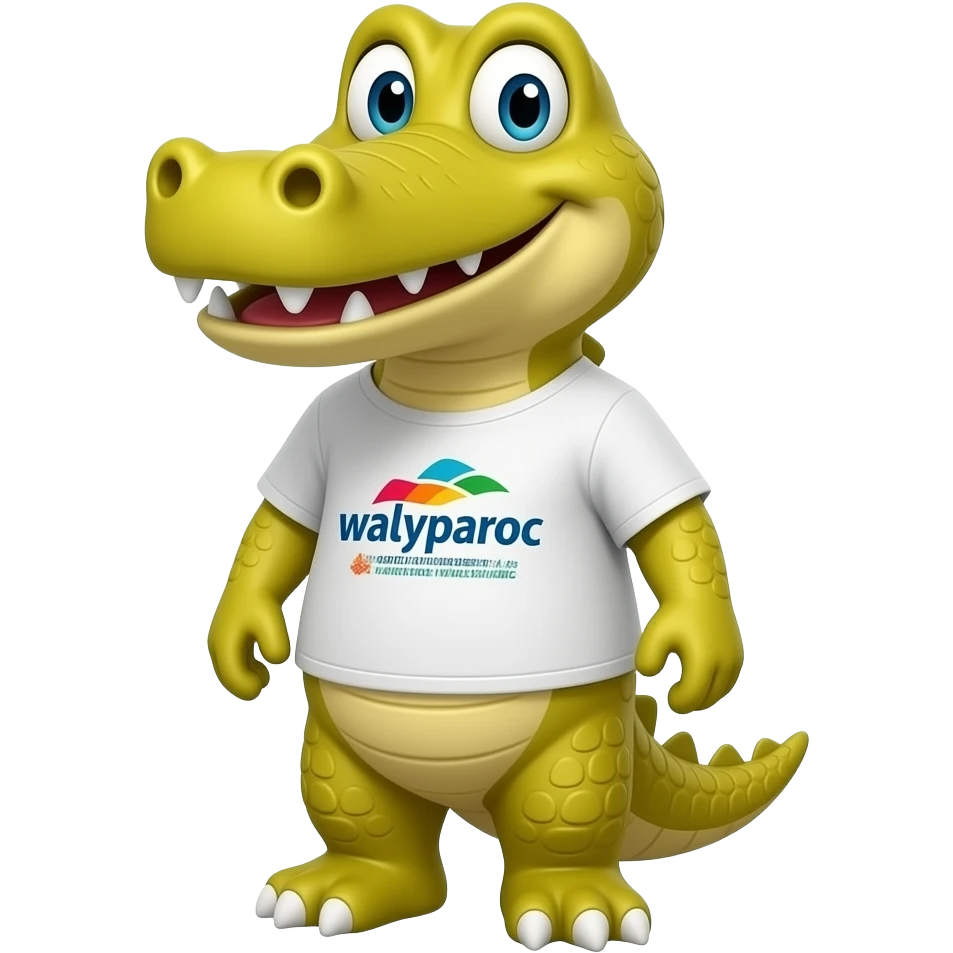 Un mascotte crocodile jaune pour le parc walyparoc avec un t-shirt marquer walyparoc by paroc amusement  ! emoji