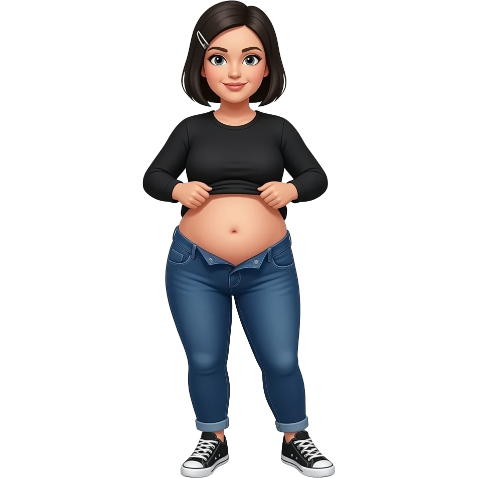 White woman with black short hair, white hair clip on the left of her hair, plain black long sleeve shirt, dark blue jeans, white and black sneakers, and a chubby body lifting her shirt to move her belly emoji