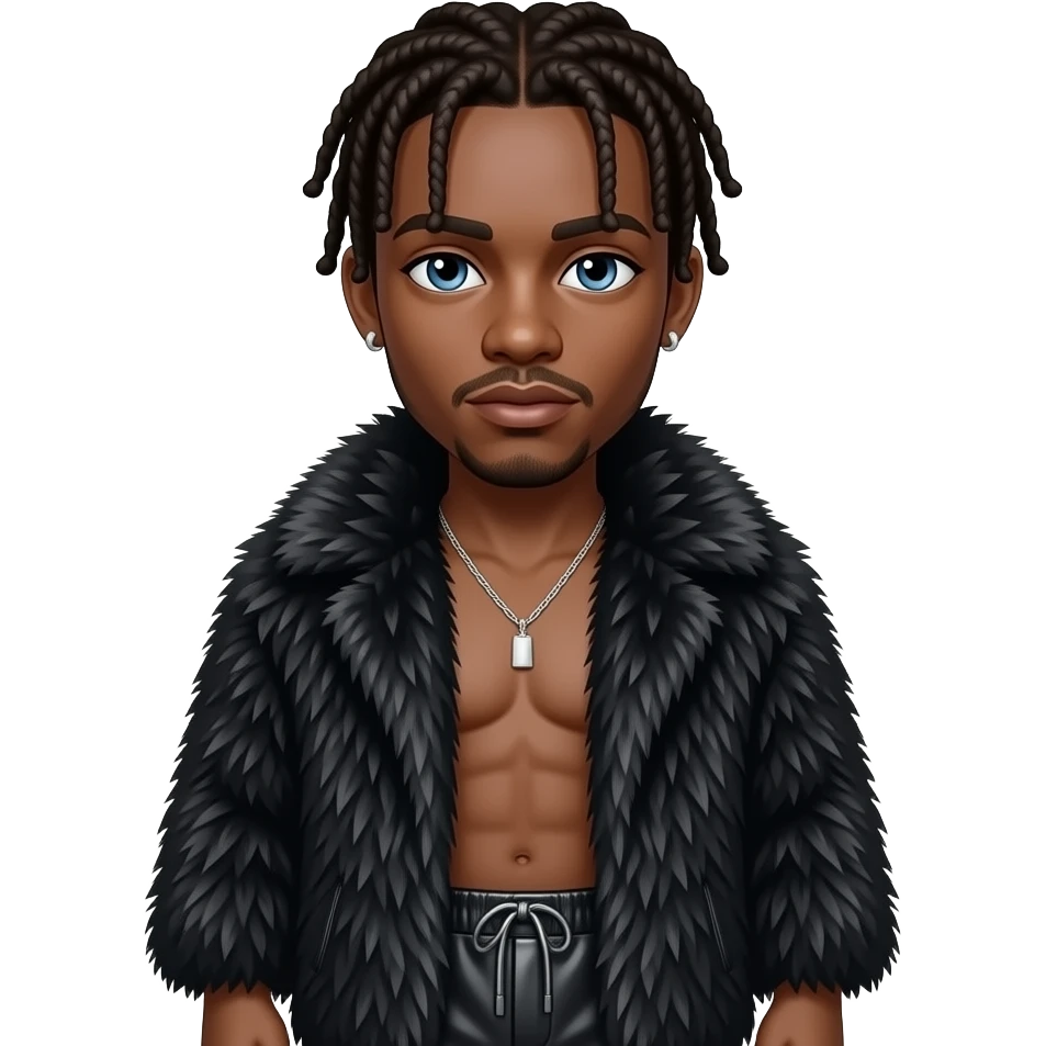 Jack Harlow with blue eyes, brown hair, black fur shawl, black metallic baggy pants, shirtless with necklace and earrings emoji