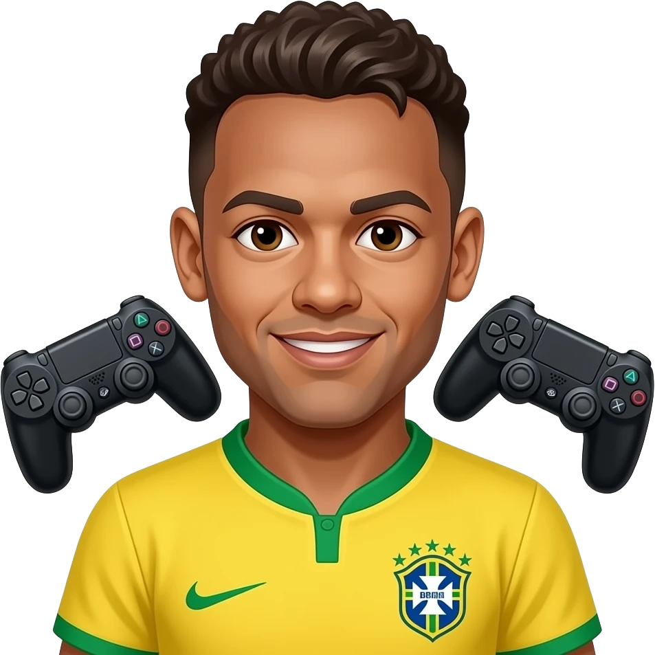 Neymar emoji avatar, Brazil jersey, cute cartoon style. Two identical black gamepads floating near both cheeks. emoji