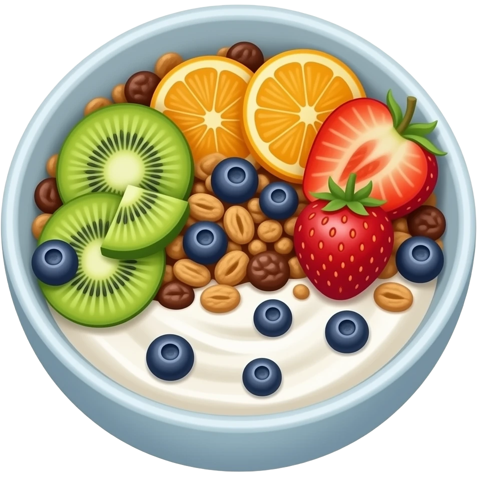 bowl de proteina con yogur, muesly de chocolate y fruta emoji