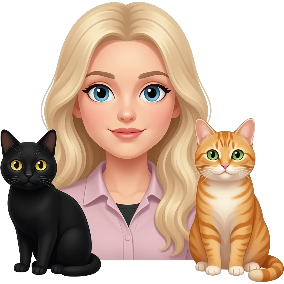 Blond Woman Long Light Hair and Blue Eyes together with a Black Cat with the Yellow Eyes and the Pale Ginger Cat with Green Ice emoji
