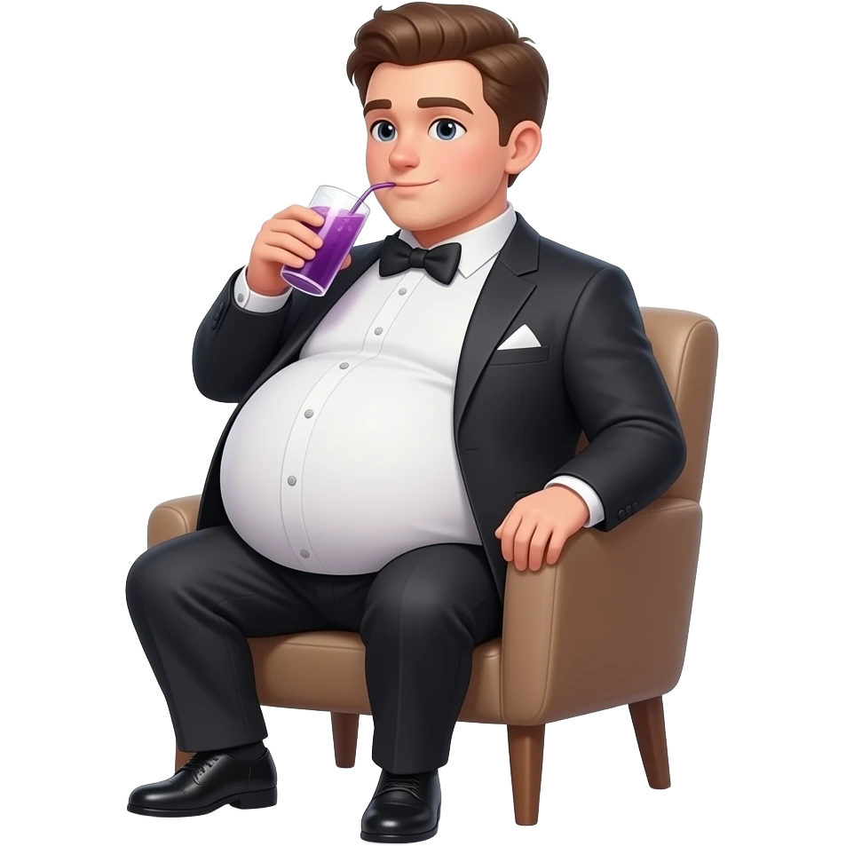 Chłopak ma 18 lat bardzo bardzo ogromnym brzucha brzuch🫄🏼 ma kształt jak ogromna piłka i brzuch jest bardzo twardy i elegancko ubrany i siedzi na krześle i pije 🟣 emoji