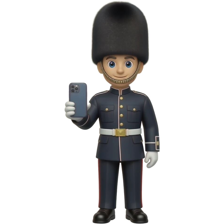 A British royal guard soldier standing facing forward, wearing a tall ...