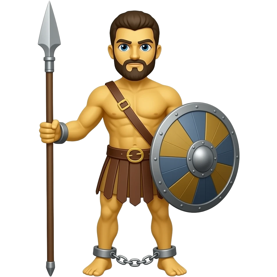 spartacus, minimal, full body, yellow skin, tipical emoji caracter style, more emojis style, more minimal, with weapons, more simplistic, emoji style, shackles on wrist with broken chains, beard emoji
