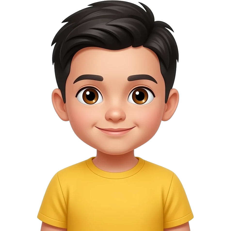 Niño pequeño pelo negro liso y ojos marrones y camiseta amarilla emoji