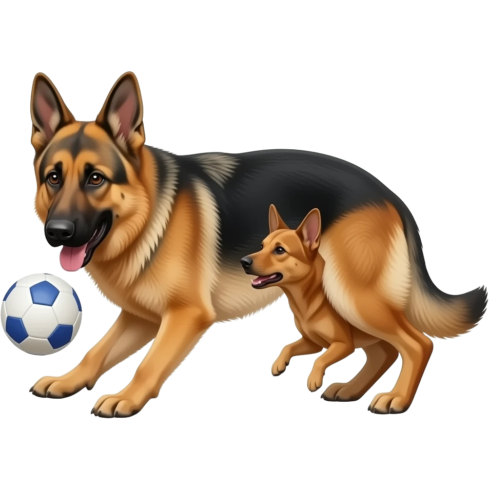 Pastor alemán junto con un perro mediano marron jugando a la pelota emoji