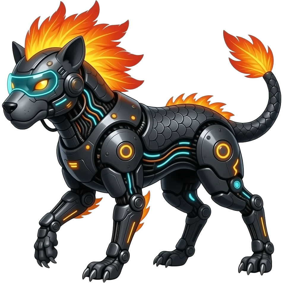 Cool edgy fiery bipedal furry cybernetic electrical visor-helmeted, Circuitry-patterned black-scaled digitigrade futuristic fantasy-Cyberpunk-Steampunk-Solarpunk-Genesect-Cyclizar-Salazzle-Protogen-Fakémon-animal-hybrid, with neon feather-mane, and a tail blade, back spikes emoji