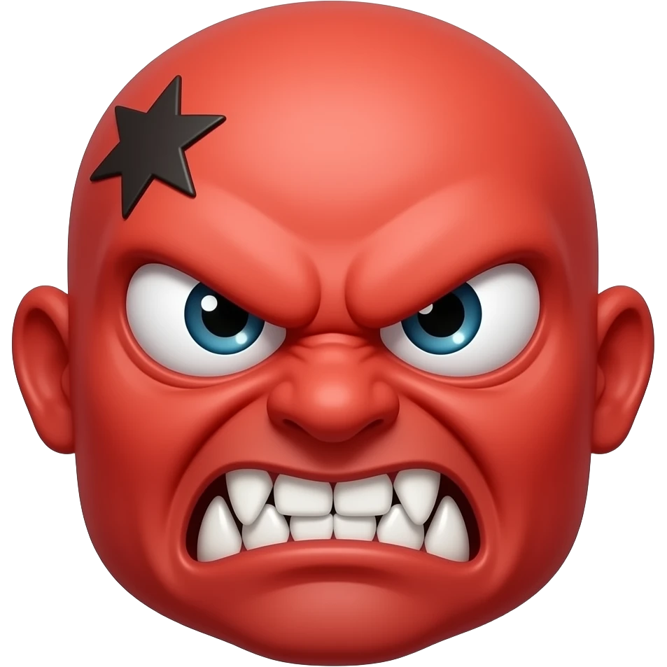 Make a 😀  emoji angry but teeth sharp and skin red and angry a 💢 mark on its head left and eyes very angry. And in rage. It is a 😡 emoji. And not a human and no ears emoji