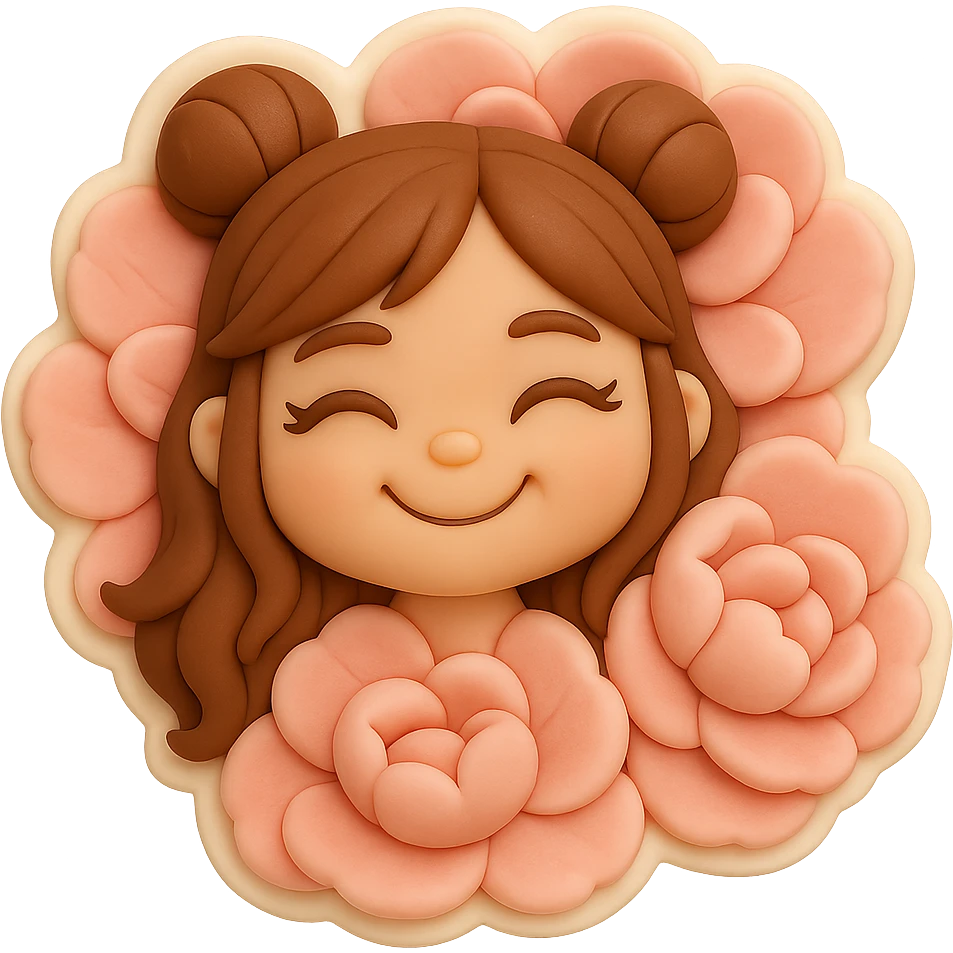 Create a high-quality 3D chibi fondant cake art style rendering of a girl based on the reference image. Preserve the facial features and eye shape exactly as in the reference. She has long brown hair styled in two space buns and brown eyes. The image should have a thick white outline like a sticker and a transparent background. The girl's happy head (as in the third variant) is nestled in a wall of huge soft pink peonies (as in the second variant), with petals overlapping her hair. The expression is joyful and smiling, matching the reference face, hairstyle, and eye shape exactly. emoji