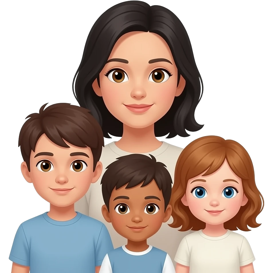 Mom with 3 kids, light medium skin toned, black hair mom, light skinned teen boy with hazel eyes and dark brown hair, medium skin toned boy with medium brown eyes, and fair skin baby girl with blue eyes and auburn hair emoji