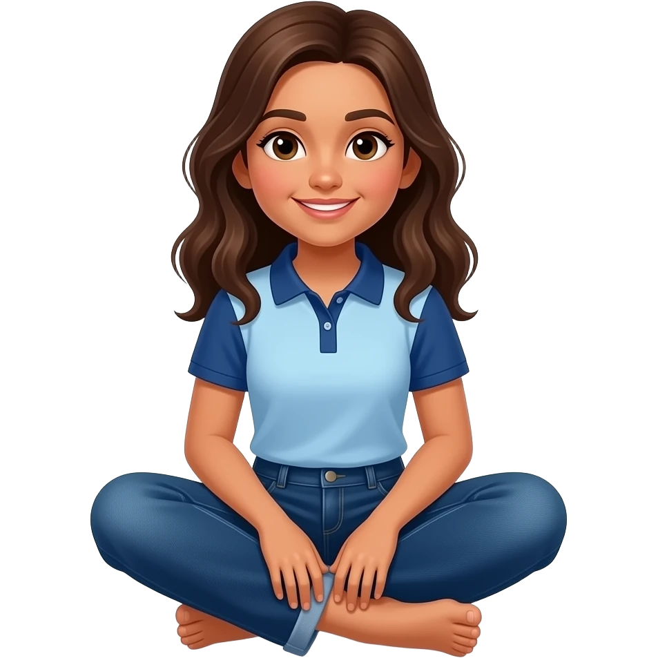 Hispanic girl with brown hair and light blue and dark blue polo and dark blue baggy jeans sitting down barefoot emoji
