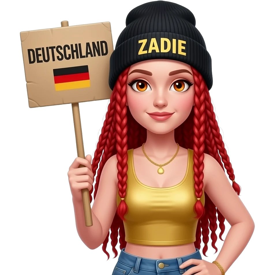 sexy girl with overlong neon red braids and ginger eyes wearing a gold tanktop and a black beanie with ZADIE written on it, is holding a sign with DEUTSCHLAND written on it emoji