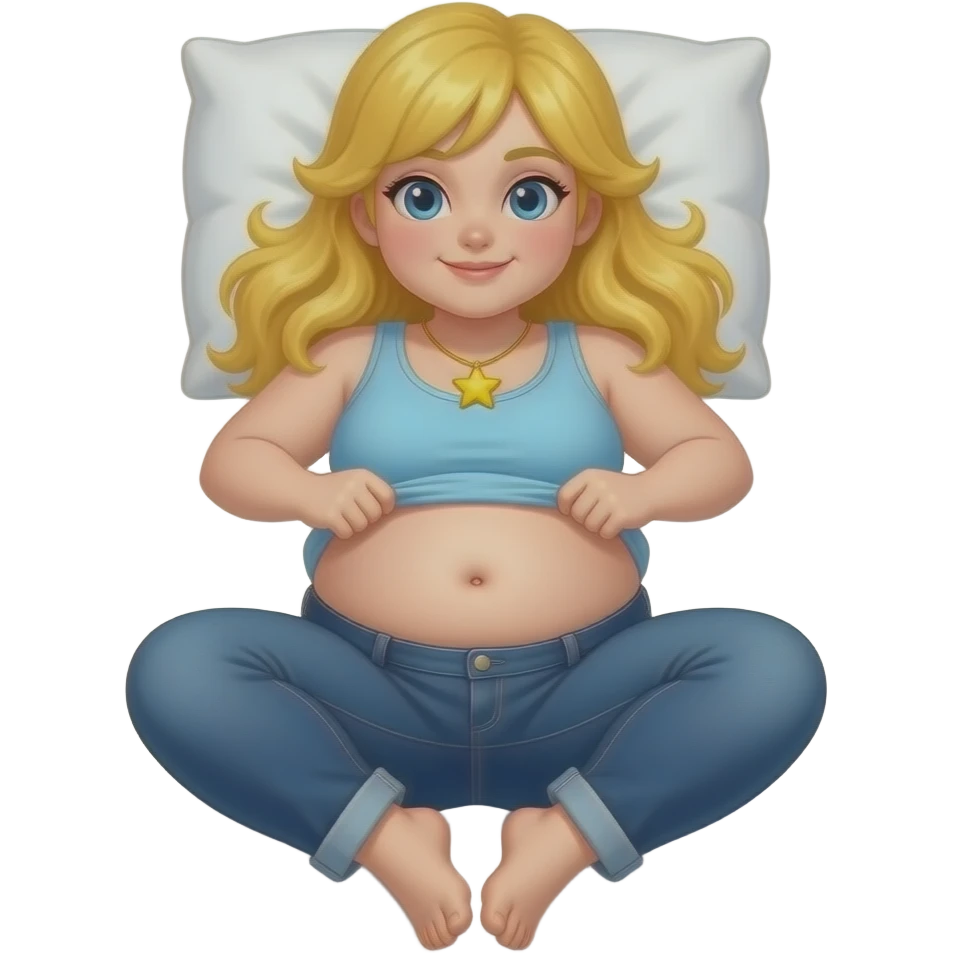 Chubby white girl blue eyes yellow long hair light blue tank top yellow star necklace dark blue plain jeans showing her feet lifting her tank top up to show chubby belly button laying down on her pillow in bed to show feet emoji