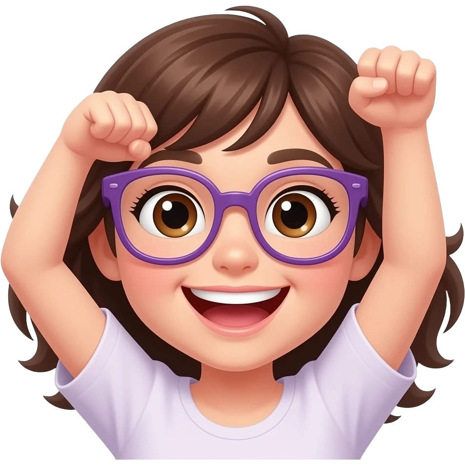 brown haired girl with purple glasses and brown eyes jumping for joy emoji