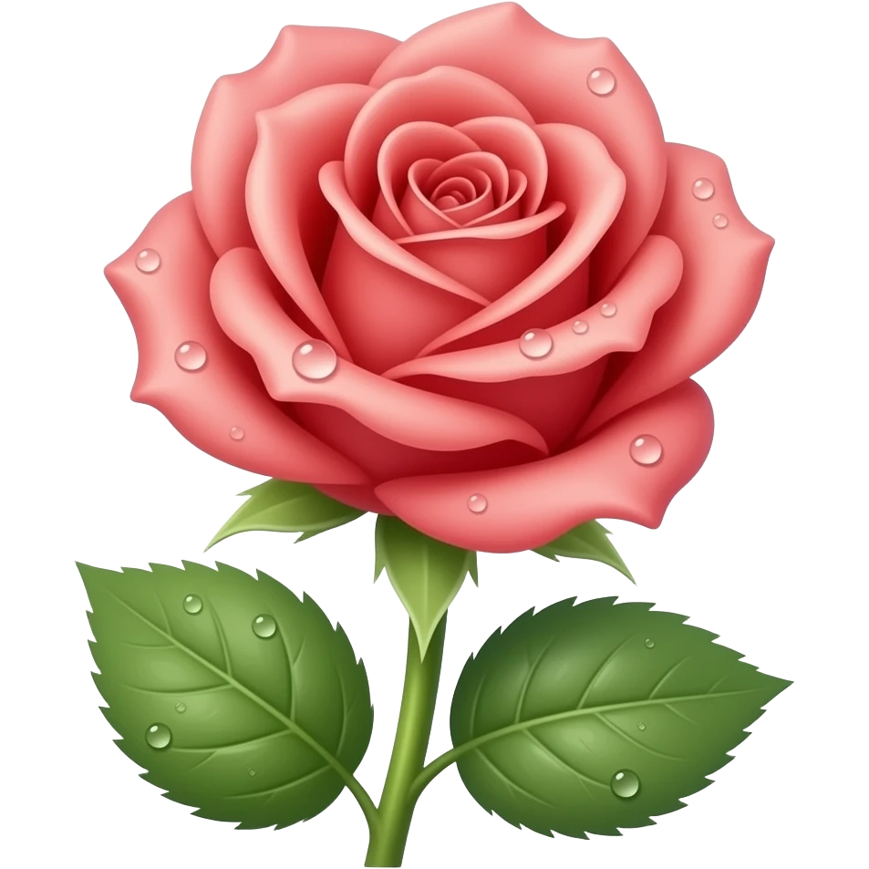 A single beautiful flower in adorable Pixar-style 3D animation. A vibrant blooming rose with soft, delicate petals gently curling at the edges, sparkling dewdrops on the petals, bright green stem and lush leaves. professional studio quality, 8k resolution. emoji