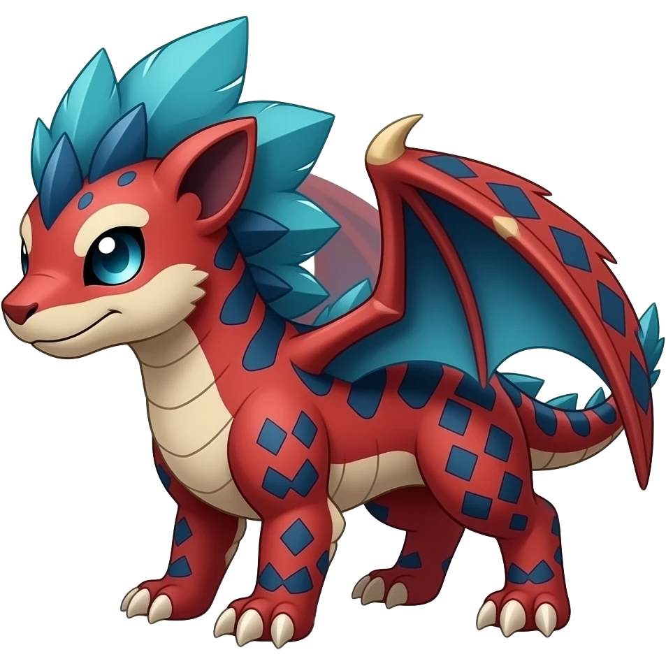scaly shiny feather-maned spiky patterned tribal-patterned digitigrade quadrupedal Red and blue Vaporeon-Salandit-Toothless-hybrid emoji