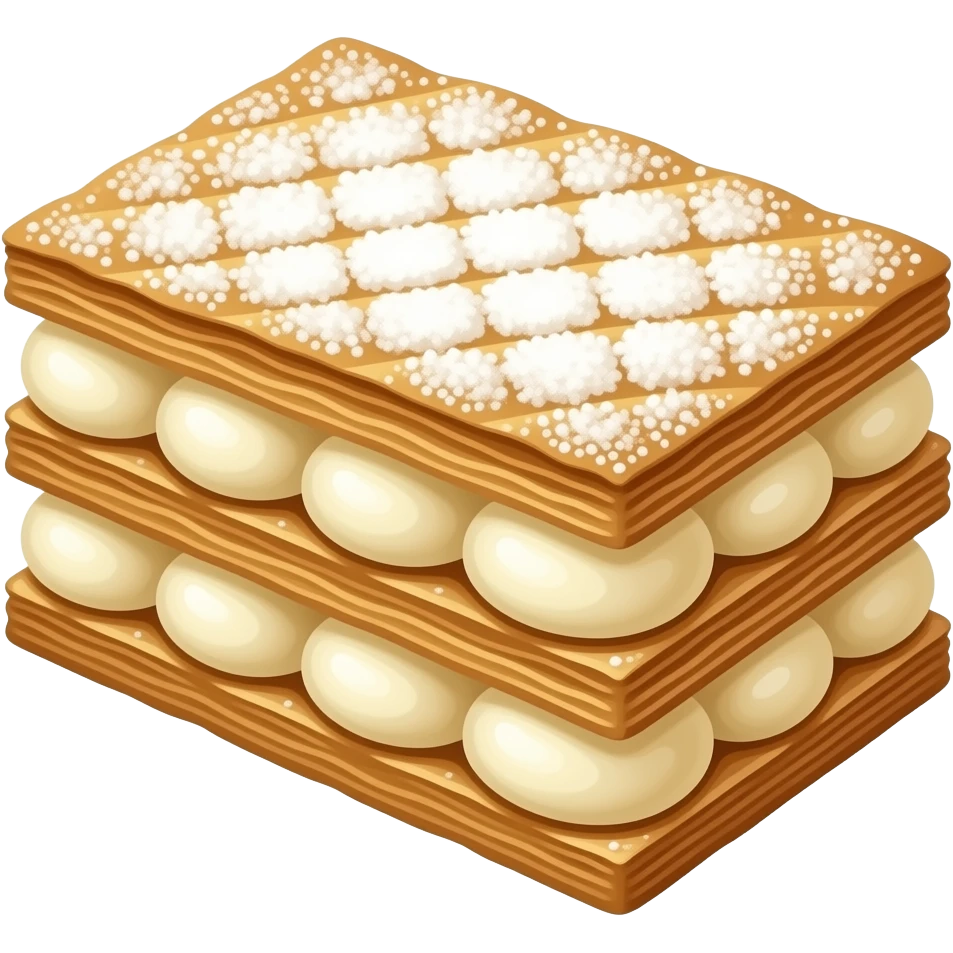Cinematic Realistic Mille-Feuille Dessert Emoji, depicted as layered puff pastry with rich cream and a dusting of powdered sugar rendered with intricate textures and elegant, soft lighting. emoji