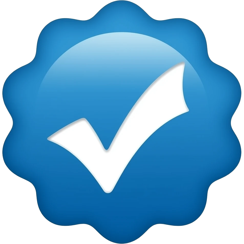 Vibrant blue scalloped badge icon featuring a thick, white rounded checkmark in the center, set against a clean, flat, minimalist background for a professional look. emoji