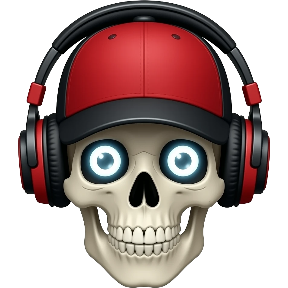 A skeleton with big eyeballs wearing a black and red baseball cap with a black brim  and black and red DJ headphones emoji