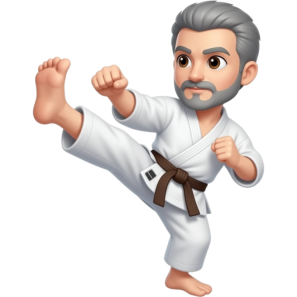 No beard, Short gray hair with a mustache doing a karate kick and brown eyes and Brown Belt emoji