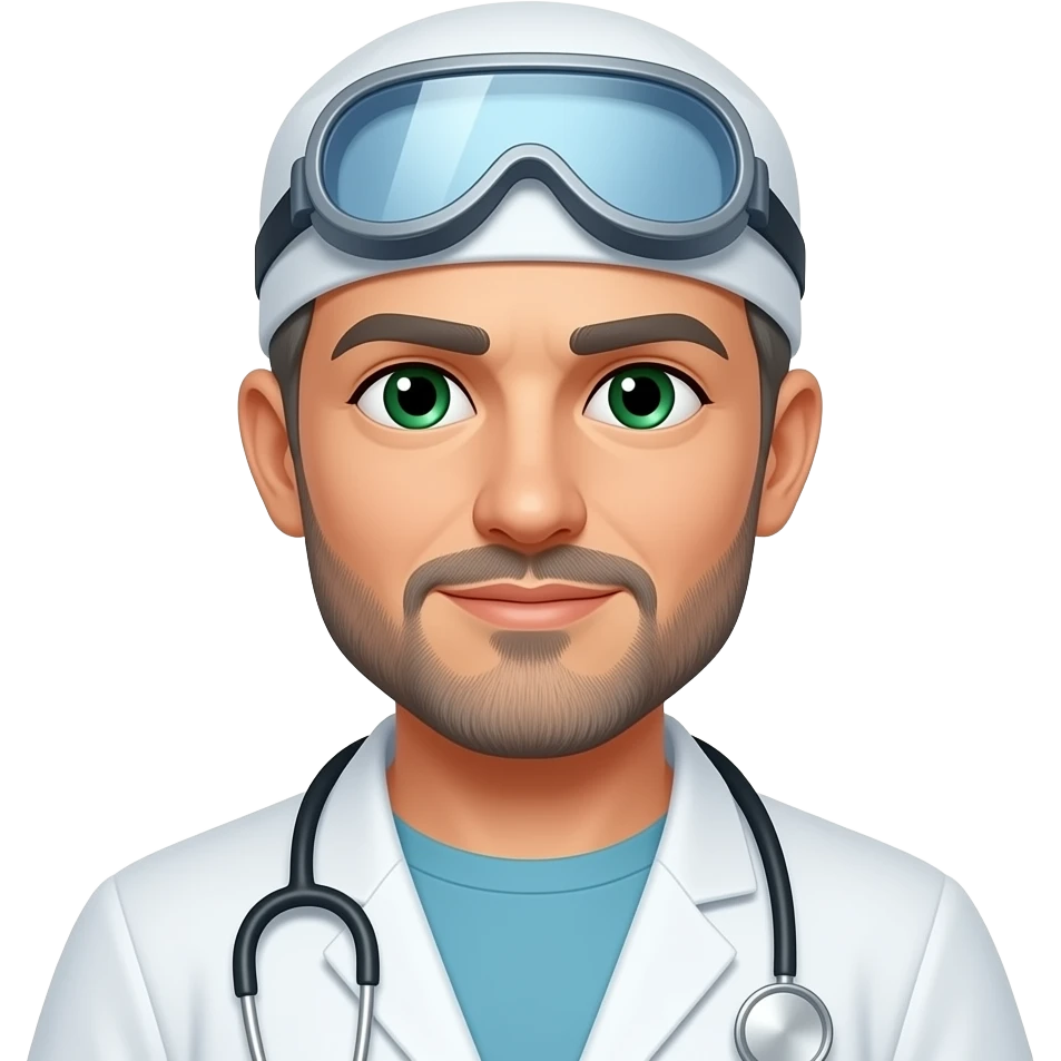 doctor with dark gray hair, beard stubble and green eyes in scub cap without goggles and without stethoscope emoji